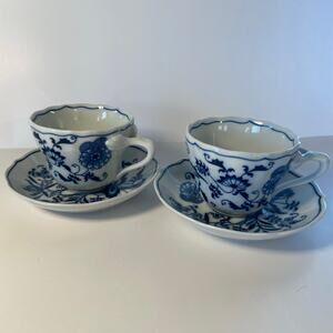 Blue Danube Tea Cups & Saucers 2 Vintage Japan Blue Onion Porcelain Square Mark